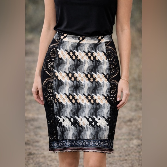 Endless Rose Dresses & Skirts - NWOT Endless Rose Lace Chevron Midi Skirt Black Cream Nude Anthropologie Size 6